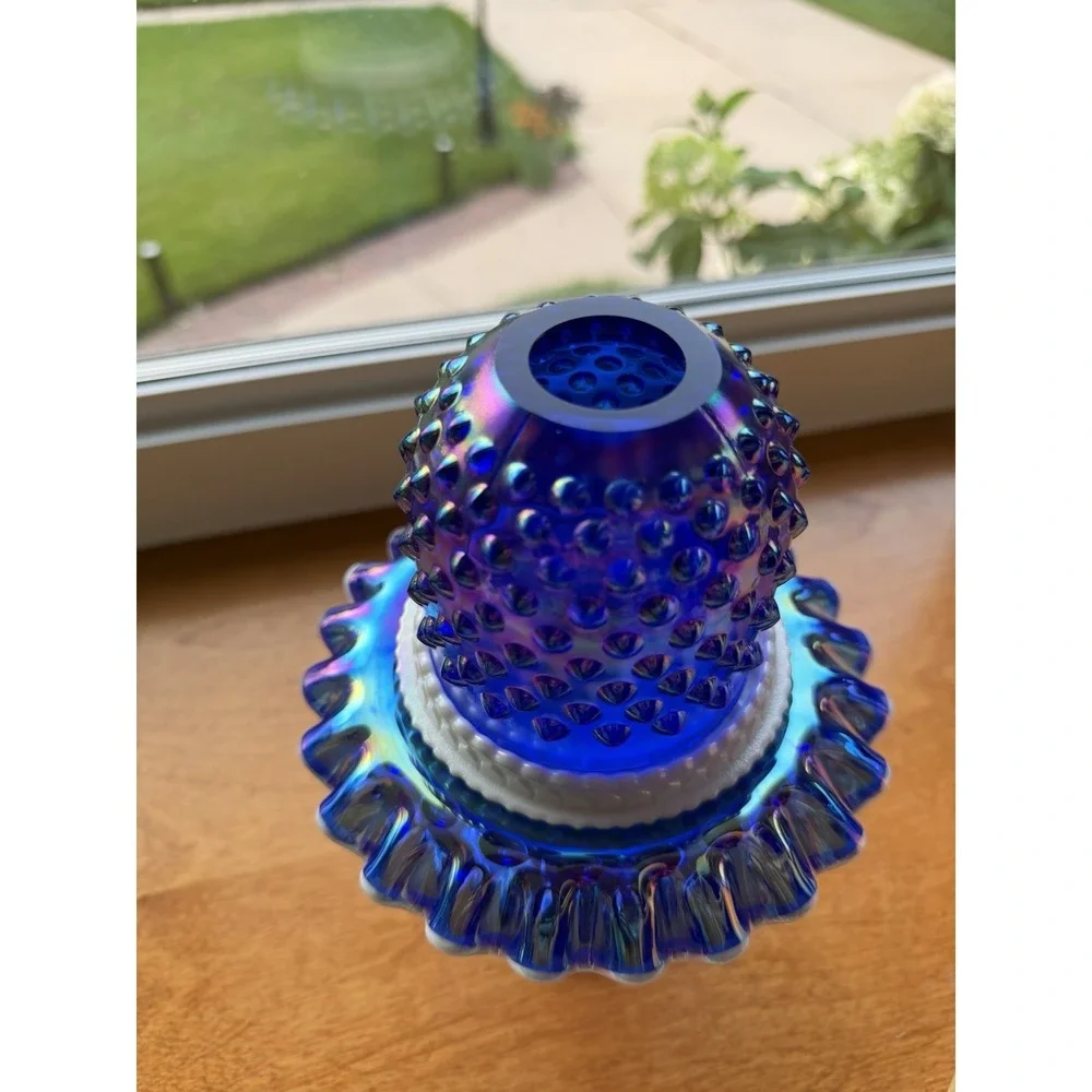 Fenton Blue Carnival Glass Hobnail Snow Crest 3 Piece Pedestal Fairy Lamp-9